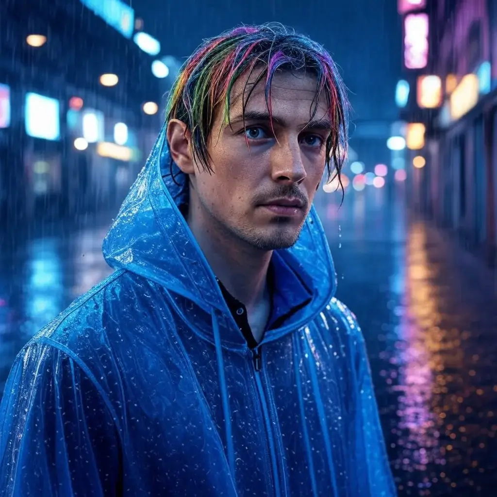 A man with wet rainbow hair and a neon blue rainco