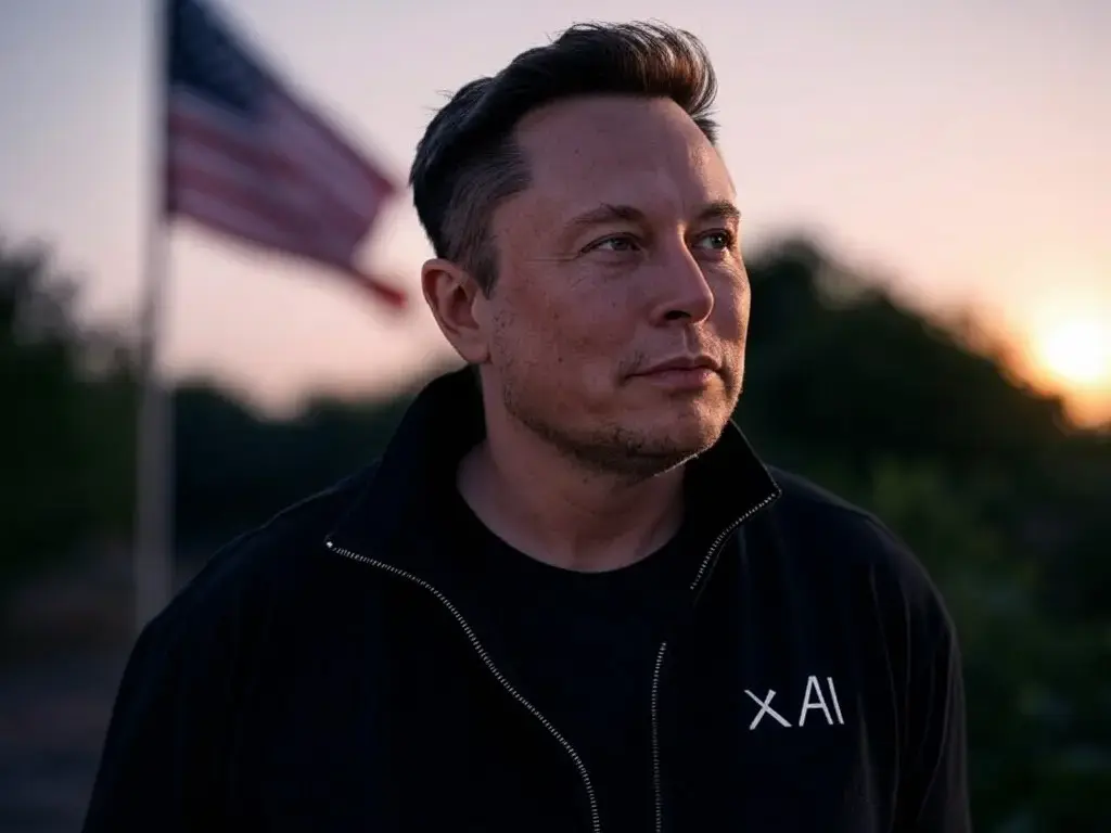 Elon Musk wearing an xAI jacket with a USA flag in