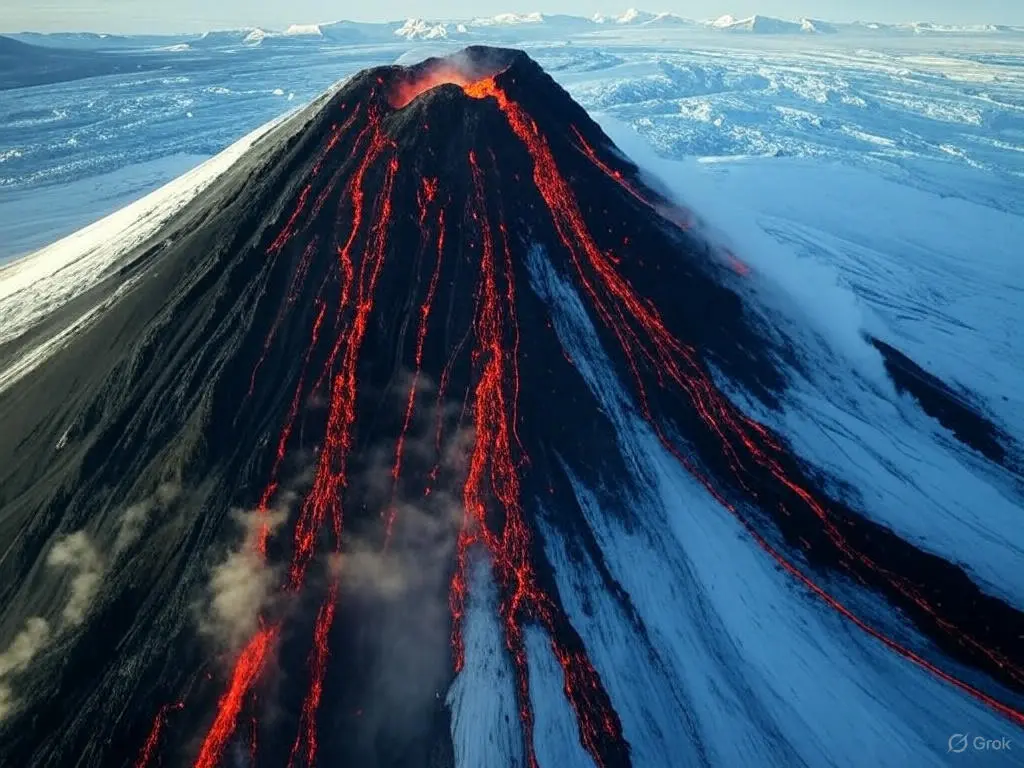 A volcano surrounded by ice.