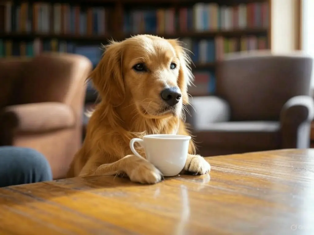 A dog drinking a cup of tea in a library.