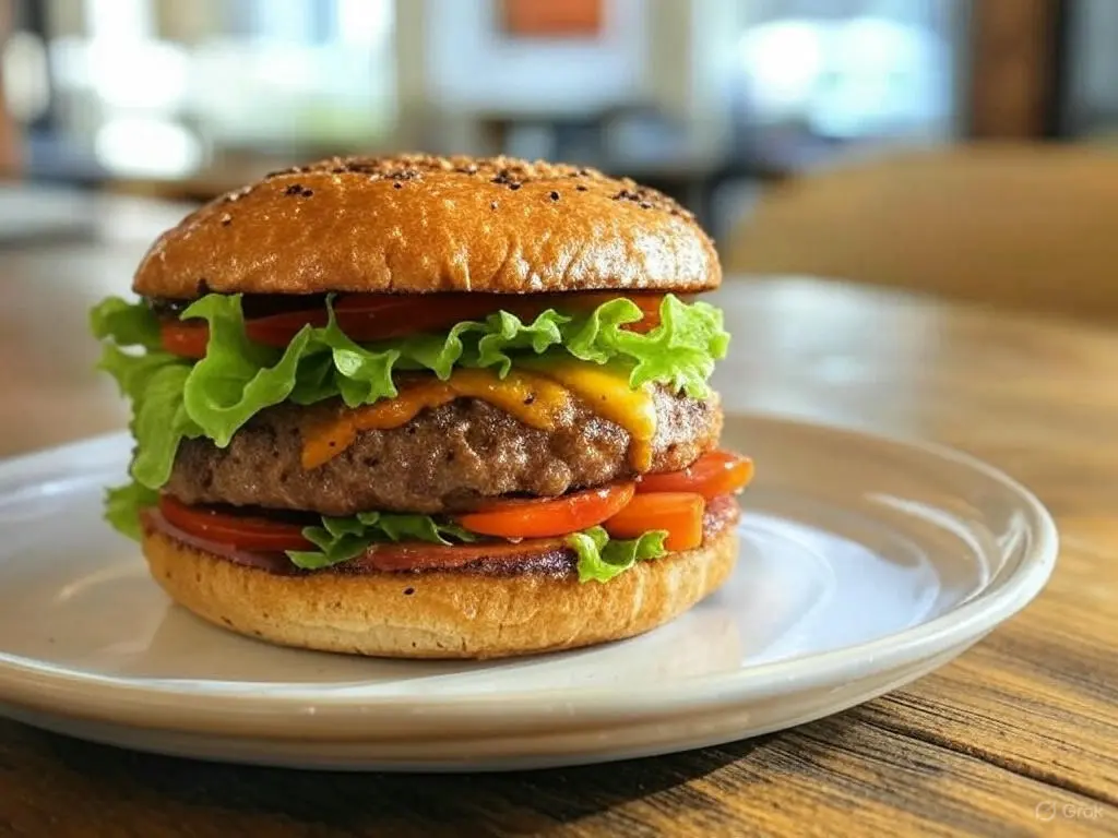 A burger with double meat patty placed on a plate.