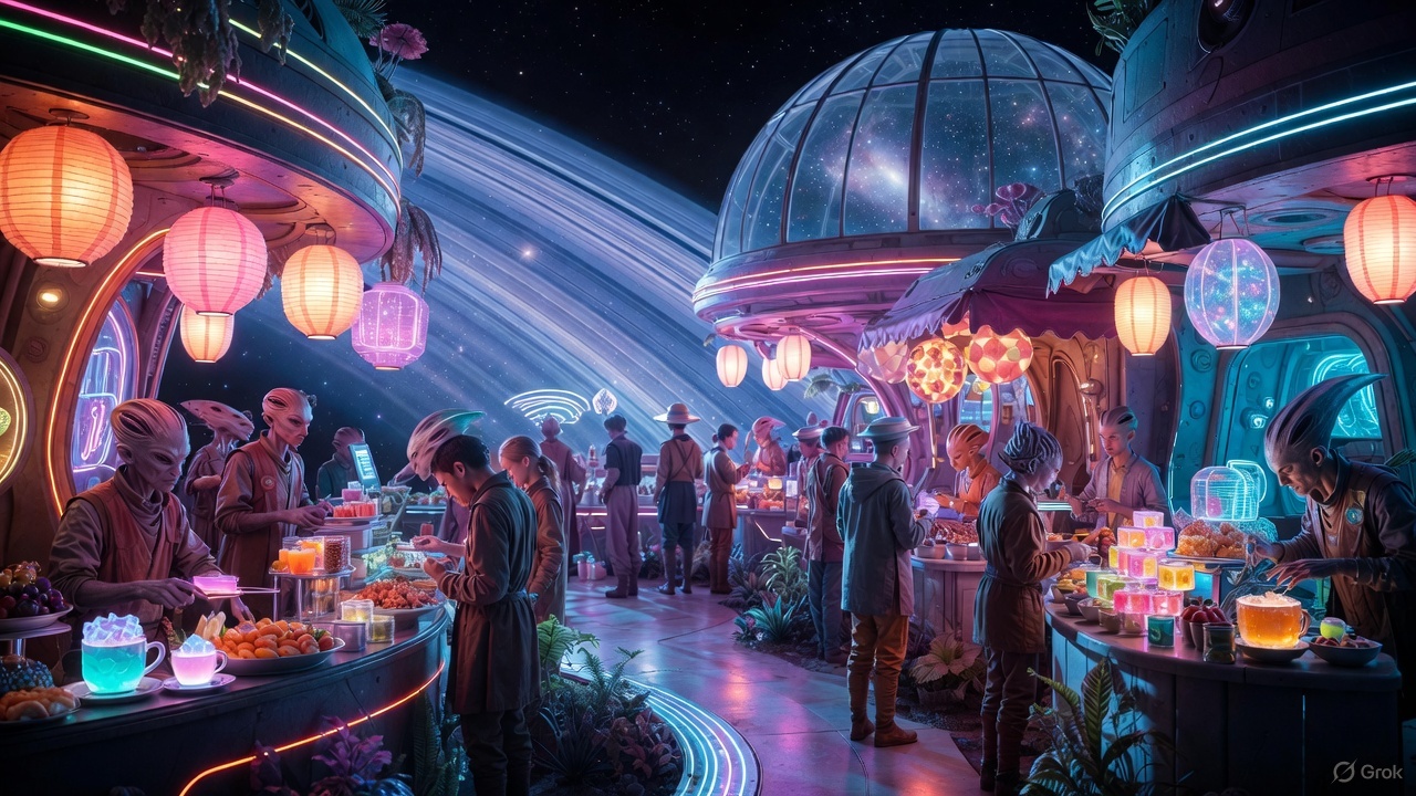 A bustling intergalactic night market floating abo