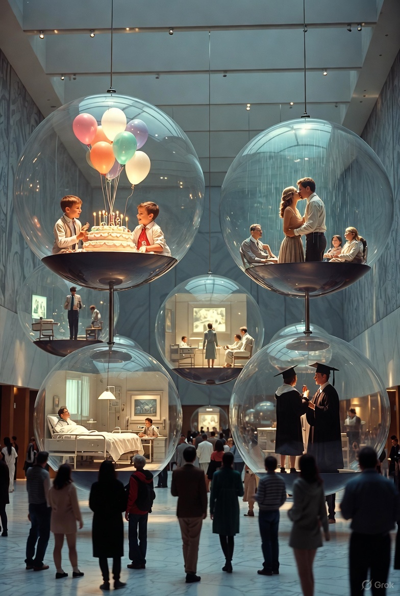 A surreal museum where each exhibit is a suspended