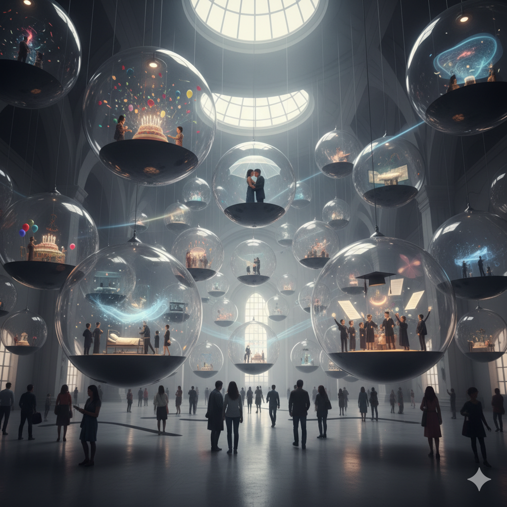 A huge futuristic conference hall with hundreds of