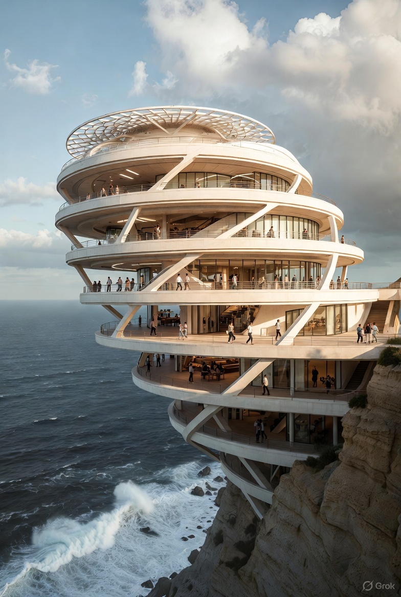 A spiral-shaped museum perched on the edge of a cl