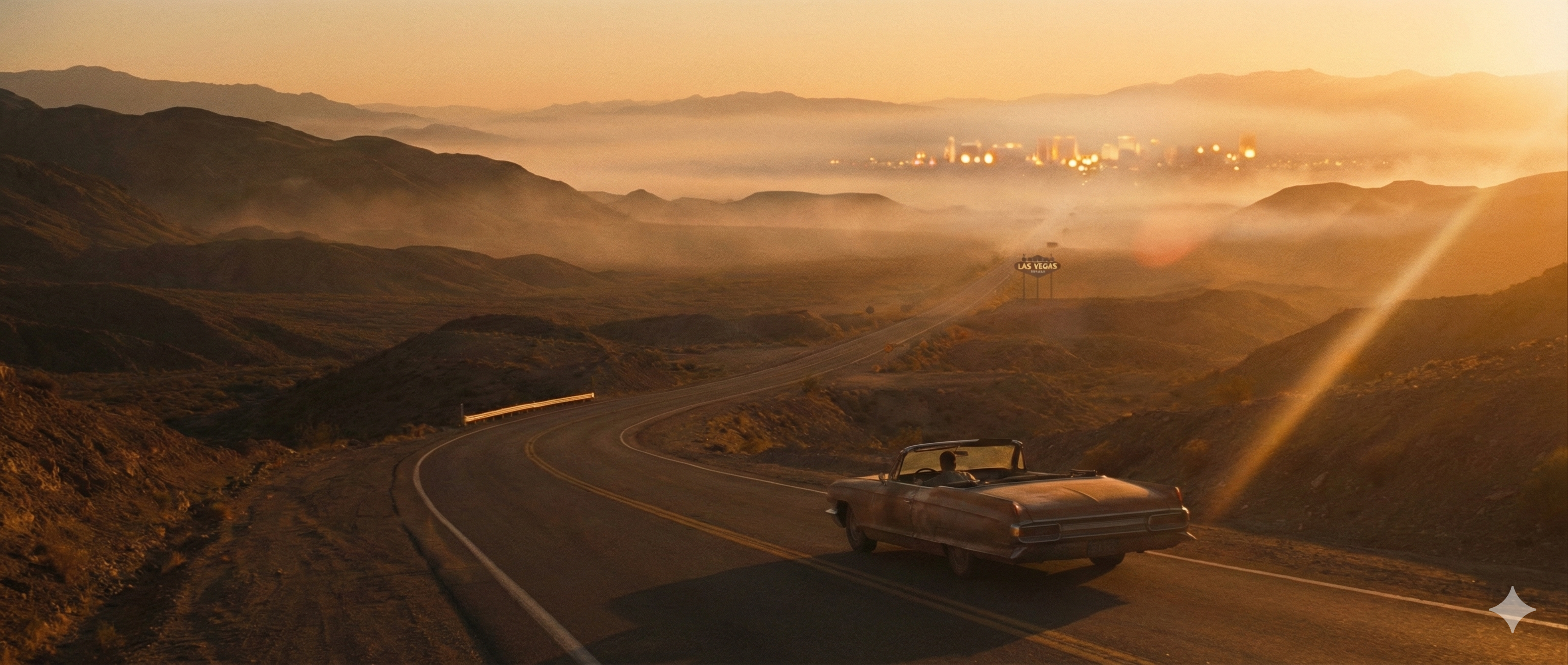 Person driving to Las Vegas, cinematic wide shot, 