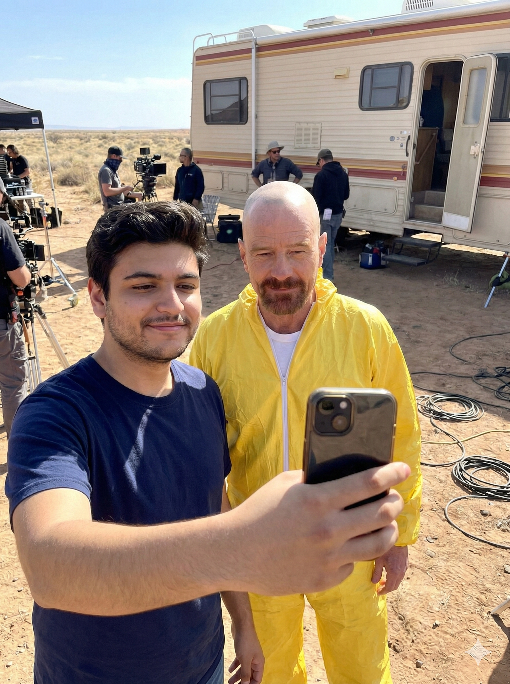 Behind-the-scenes long shot selfie looking at the 