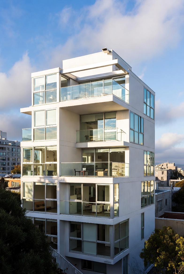 A modernist residential building in an urban area,