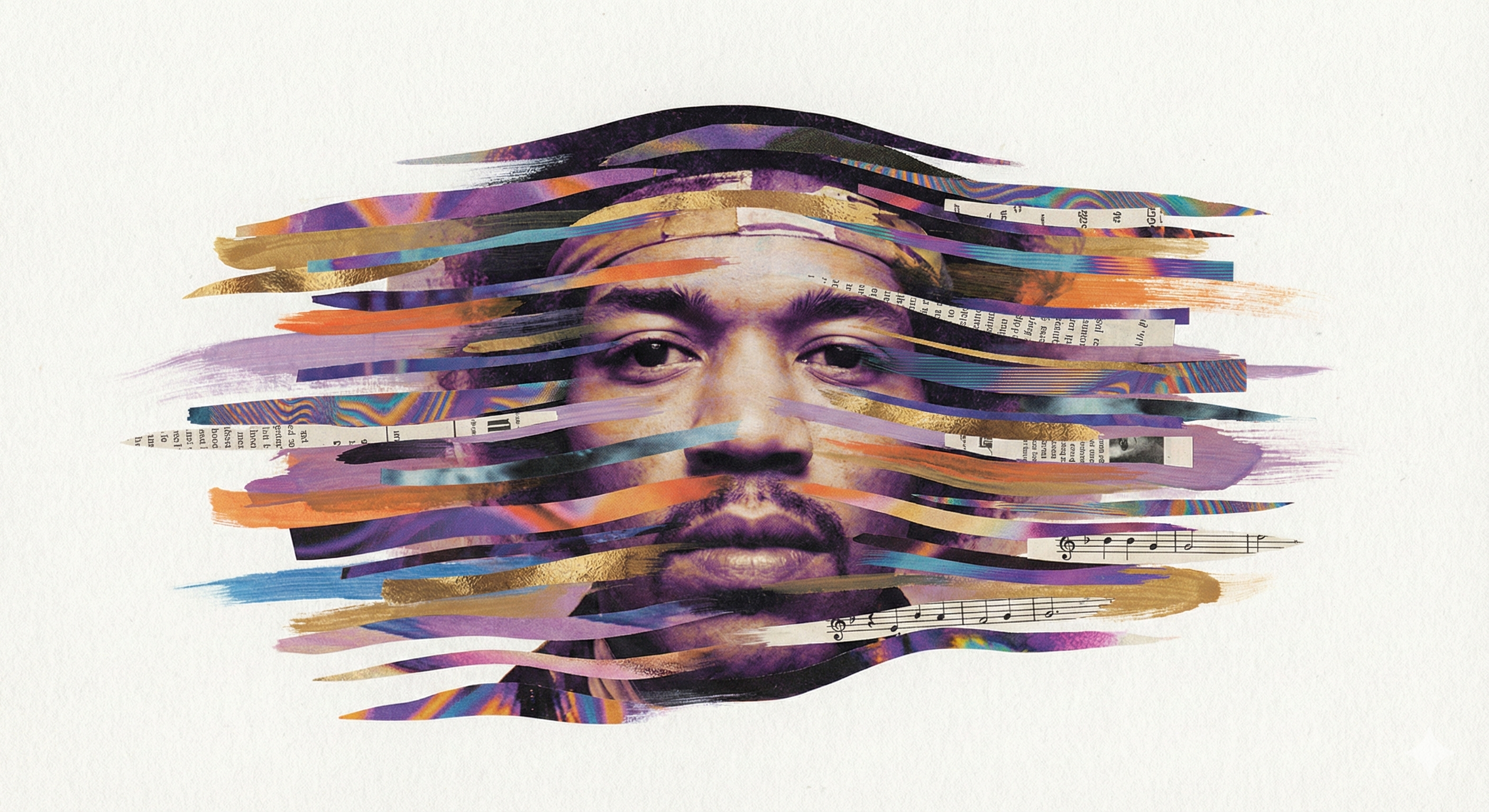 A surreal mixed-media portrait of Jimmy Hendricks,