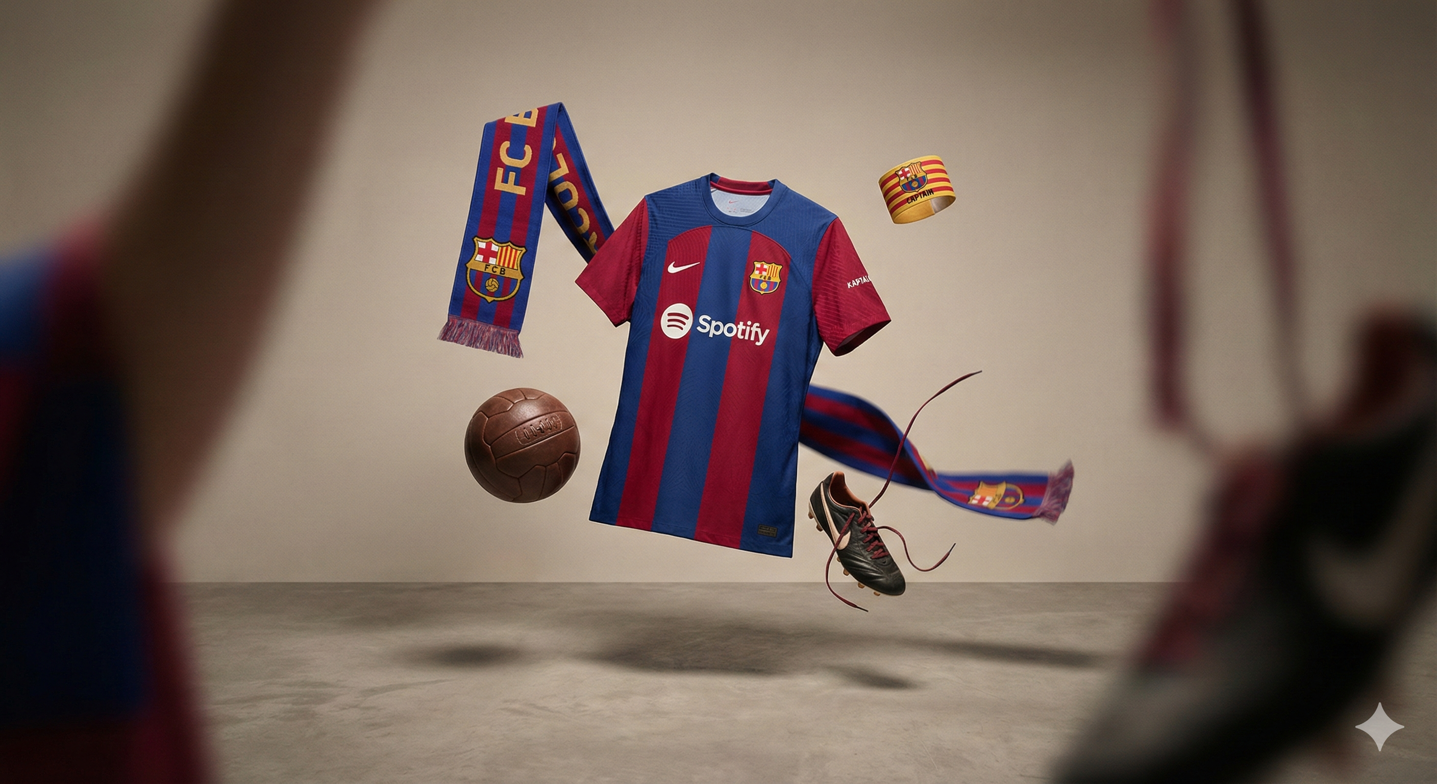 FC Barcelona Jersey and supporting props floating 