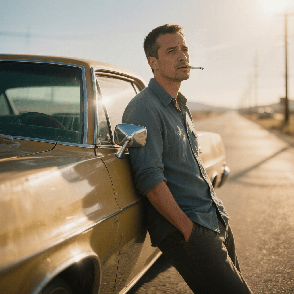 Movie scene, next to a retro khaki car, a man in a