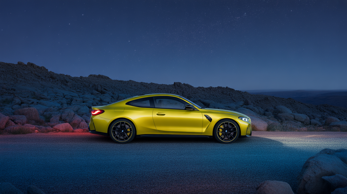 A cinematic photograph of a bright yellow BMW M4 G