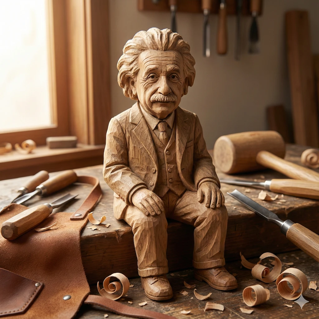 A hand-carved wooden miniature figure of Albert Ei