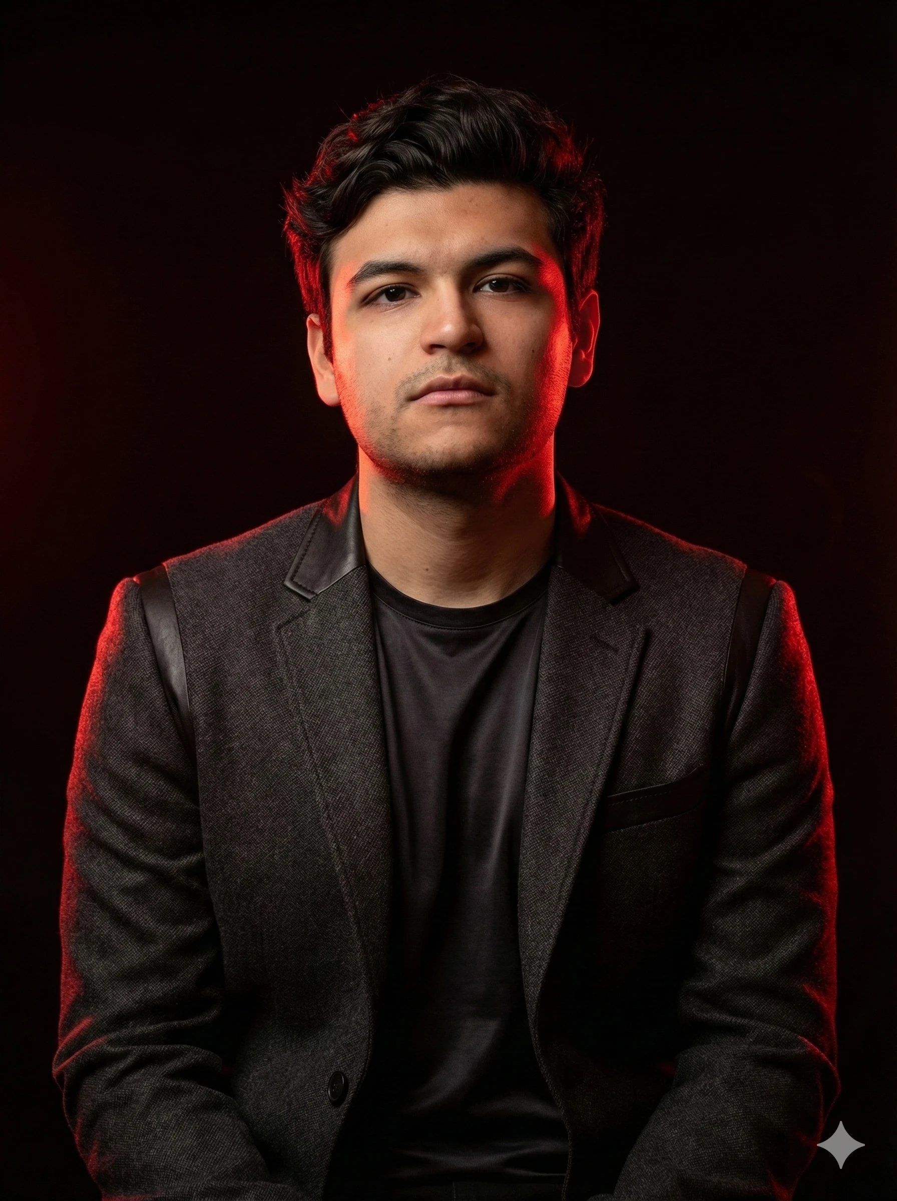 Un retrato de moda cinematográfico hiperrealista basado directamente en la foto subida.
Mantén a la misma persona, con los mismos rasgos faciales y proporciones que en la imagen.
Plano medio: el sujeto está sentado erguido, mirando de frente a la cámara, con la cabeza ligeramente inclinada hacia arriba.
Su cabello está despeinado de forma natural, pero sin ningún mechón cayendo sobre el rostro, logrando un aspecto relajado pero elegante.
Viste un atuendo de moda editorial moderno, elegante y contemporáneo.
Fondo negro profundo con iluminación cinematográfica roja intensa a ambos lados, creando un brillo lateral fuerte y una luz de contorno dramática alrededor de la cabeza y los hombros.
La iluminación es equilibrada y profesional, envolviendo el rostro y la parte superior del cuerpo para resaltar la textura de la piel, los detalles de la tela y los reflejos brillantes.
Composición cinematográfica: elegante, moderna, realista y vanguardista.
Parámetros de la toma: lente de 85 mm, apertura f/2, ISO 200, 1/200 s, enfoque nítido en el sujeto, fondo en contraste dramático profundo.