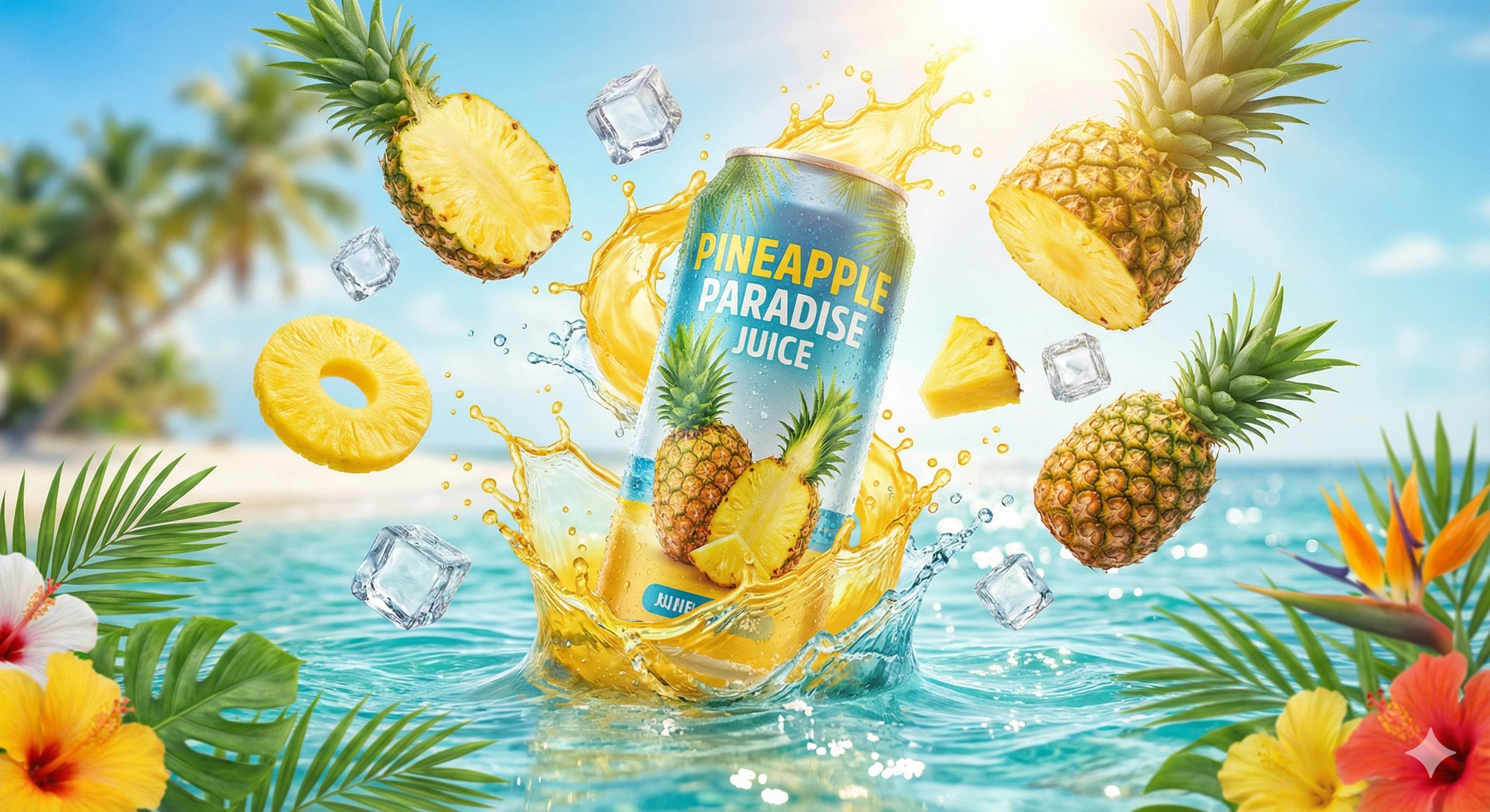 A hyper-realistic commercial product photography shot of a condensation-covered beverage can labeled "PINEAPPLE PARADISE JUICE" bursting dynamically out of crystal clear turquoise ocean water. The can is surrounded by a splash of vibrant golden pineapple juice and water. Levitating around the can are fresh whole pineapples, sliced pineapple rings, juicy pineapple chunks, and crystal clear ice cubes. The foreground includes vibrant tropical flowers and lush green palm leaves framing the shot. The background features a softly blurred sunny tropical beach with palm trees and a bright blue sky. Bright cinematic backlighting with a warm sun flare, sparkling water reflections, high contrast, ultra-clean highlights, 8k resolution, vibrant tropical colors, premium commercial advertising style.