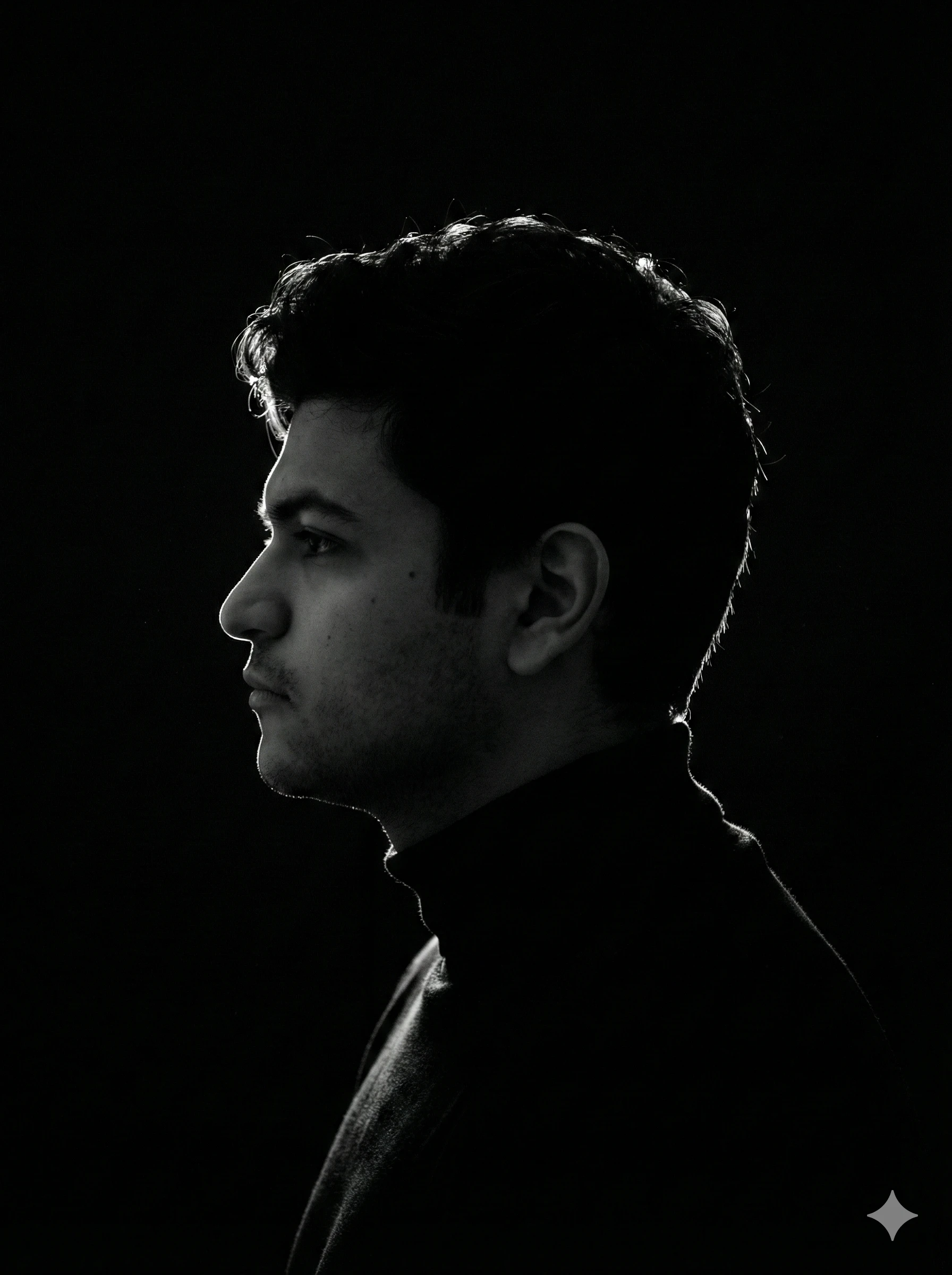 A powerful, high-contrast black-and-white side-pro