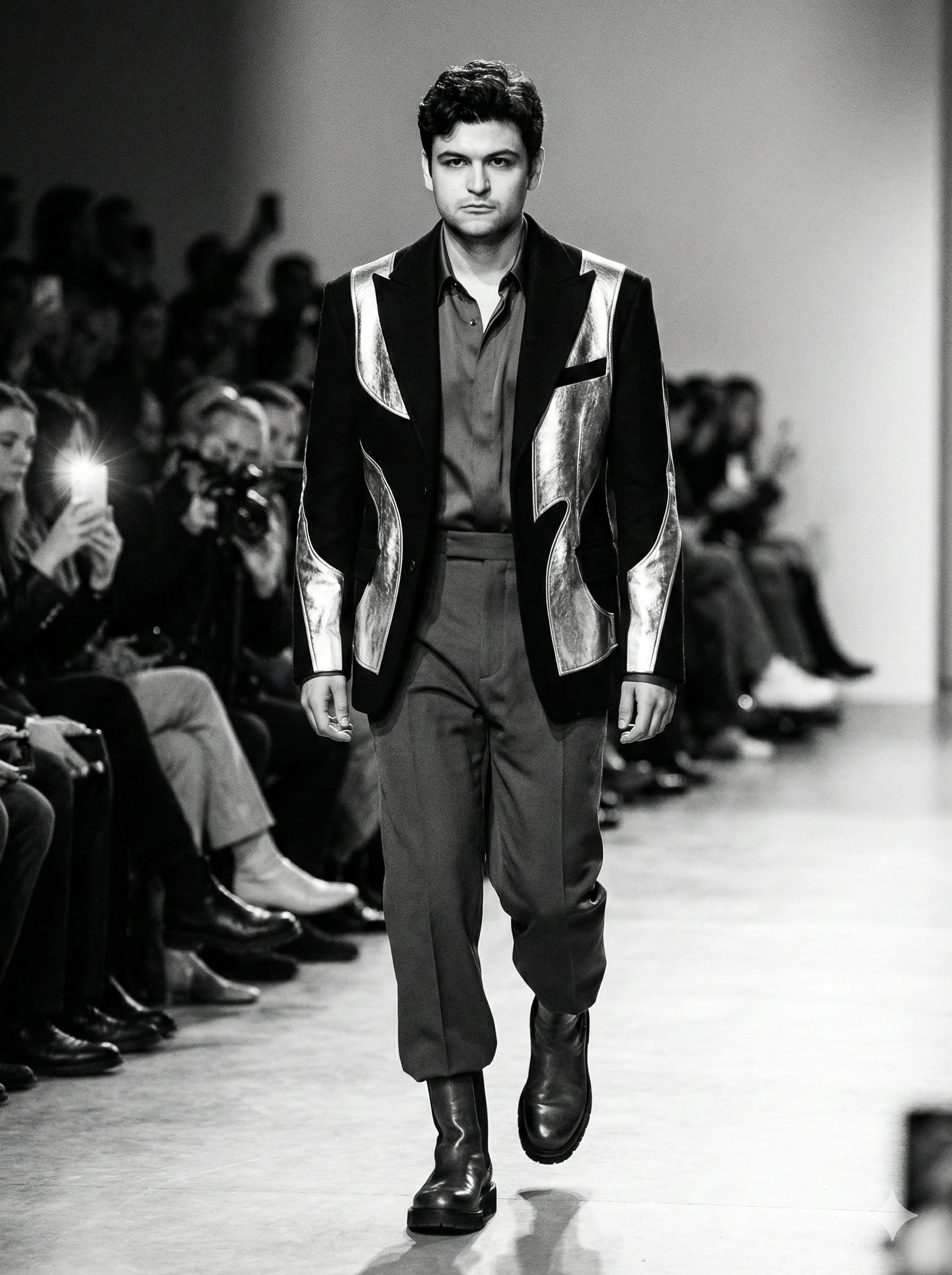 Create a cinematic high-fashion runway photograph of the person from the uploaded image as a male supermodel at Paris Fashion Week.
Captured mid-stride with a powerful, confident walk, intense forward gaze, strong posture, and commanding presence.
Wearing avant-garde couture menswear with sculptural tailoring, luxury fabrics, and bold silhouettes.
Editorial lighting, dramatic spotlights, blurred audience and flashing cameras, monochrome palette with metallic accents.
Ultra-sharp focus, dynamic motion, elite fashion photography style.