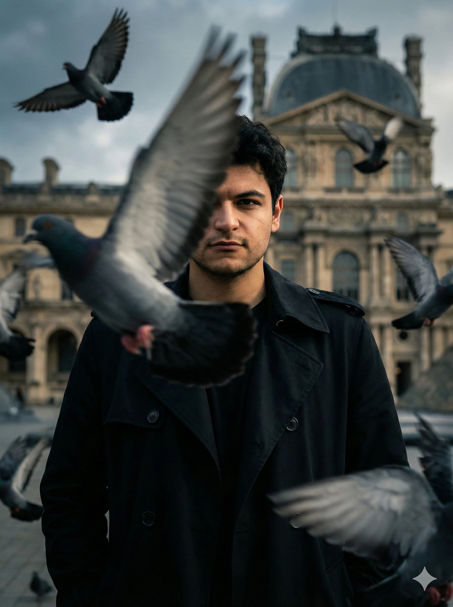8k hyper realistic,A cinematic portrait of a man uploaded picture in the reference image ( Keep face of person 100% accurate from the reference image.) in a long black trench coat surrounded by blurry pigeons because of motion flying dramatically around him some pigeon closed to camera wings blurred in motion his expression is confident and enigmatic half of his face obscured by pigeon in the foreground moody lighting and strong shadow and highlights. At background there is a historical big building like it is Paris