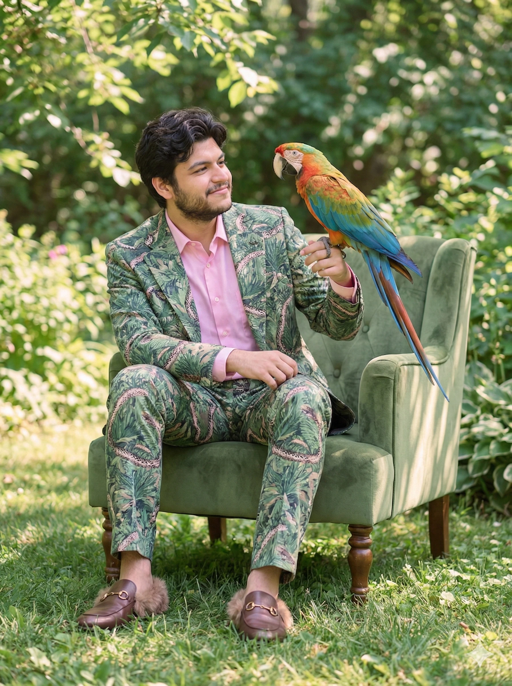 Full body, sitting on a velvet armchair in a garde