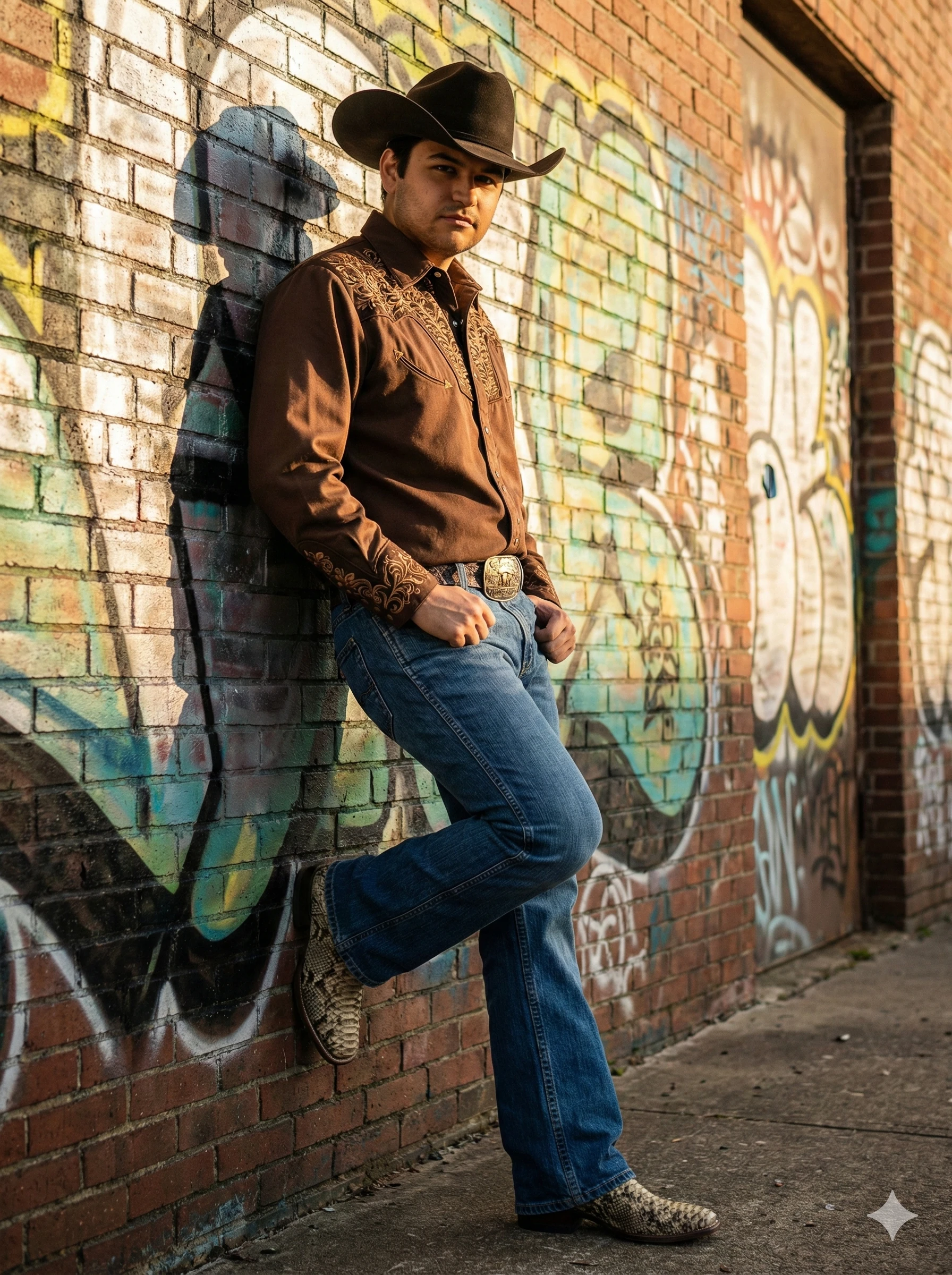 Full body, leaning on a wall. Model wears a wester