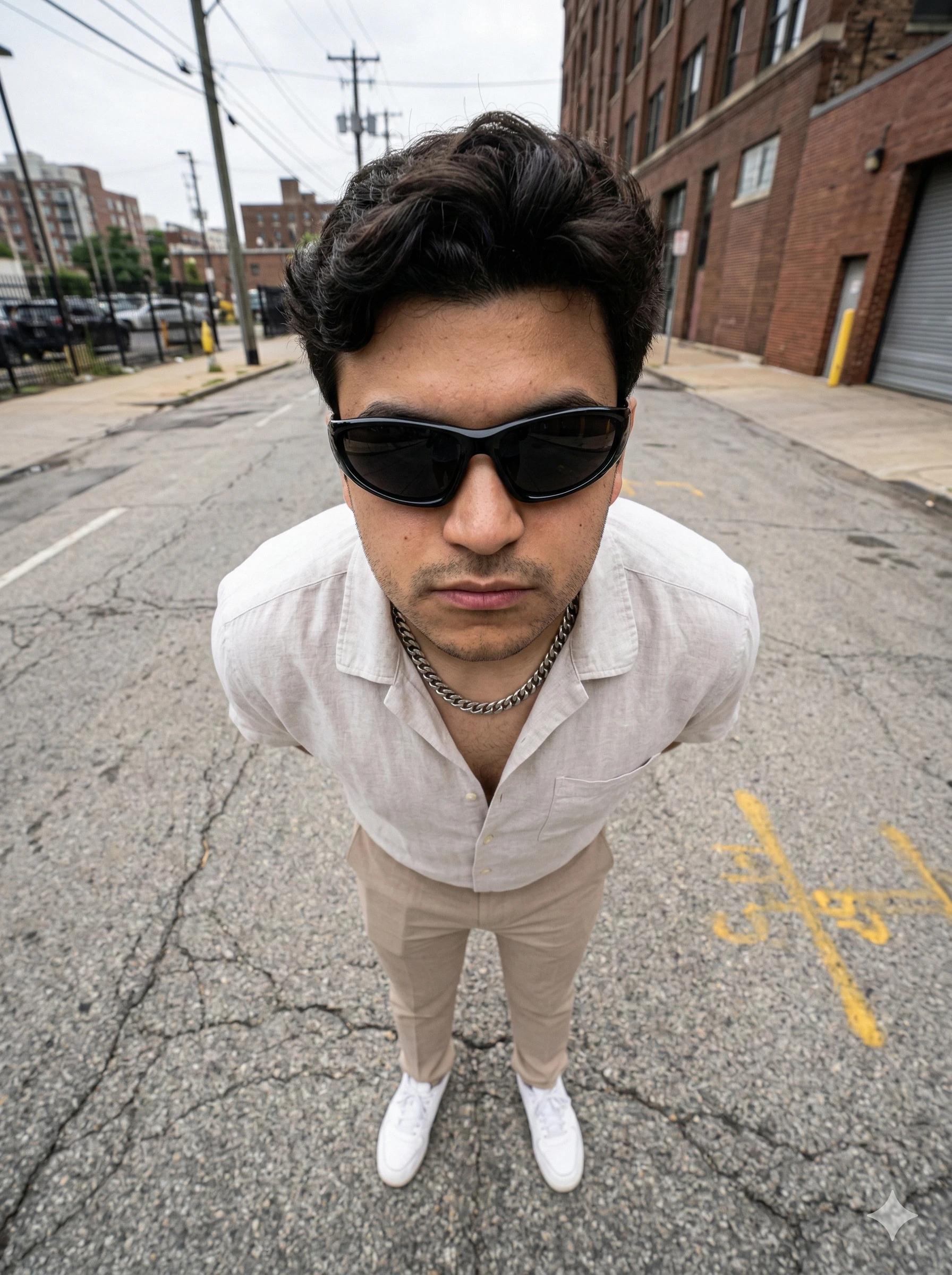 A high-angle, ultra-wide fisheye shot looking down