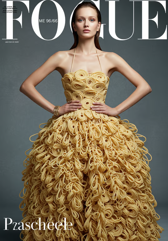Vogue cover shot of a woman wearing an elgant dres