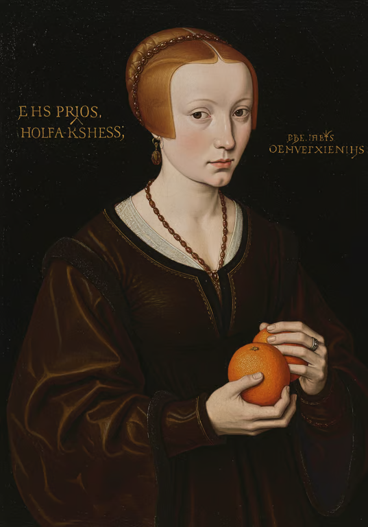 A portrait by Hans Holbein of a young woman holdin