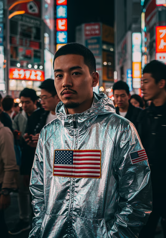 Silver kith jacket, american flag patch, futurist,