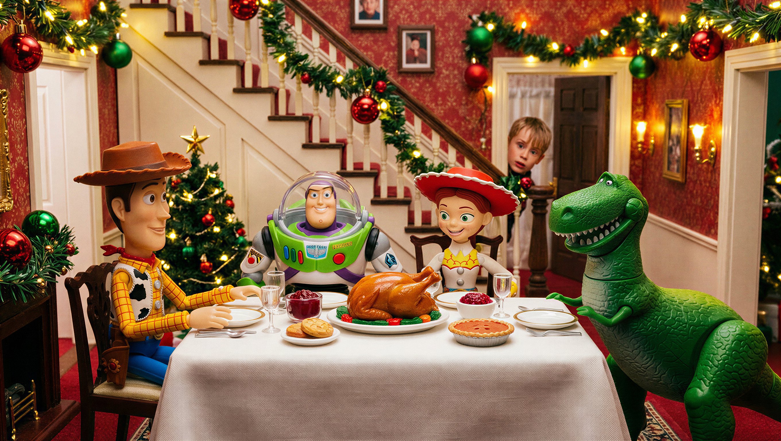 Woody, Buzz, Jessie, and Rex having Thanksgiving d