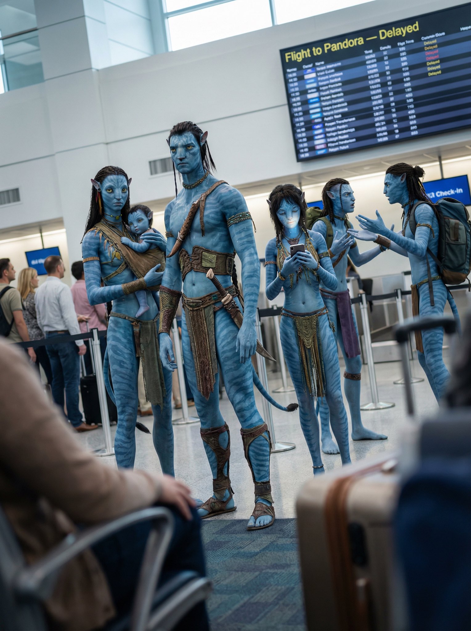 A photorealistic image of a family of Na'vi from A